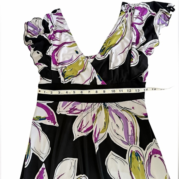 Dressbarn Maxi Dress 6 Black Purple Floral Print Empire Waist Flutter Sleeve - Picture 7 of 8